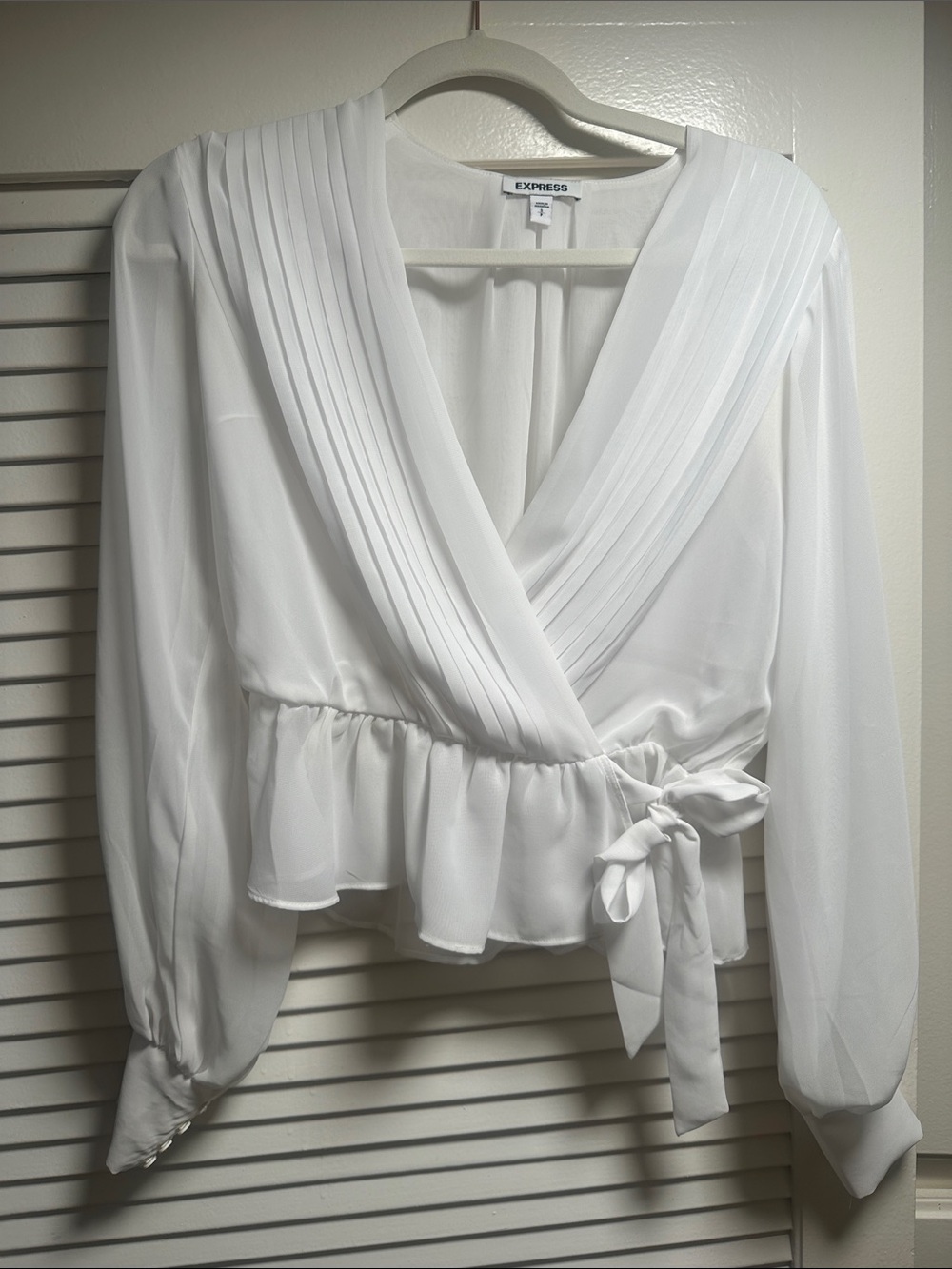 Express White Pleated V-Neck Wrap Blouse with Tie Waist